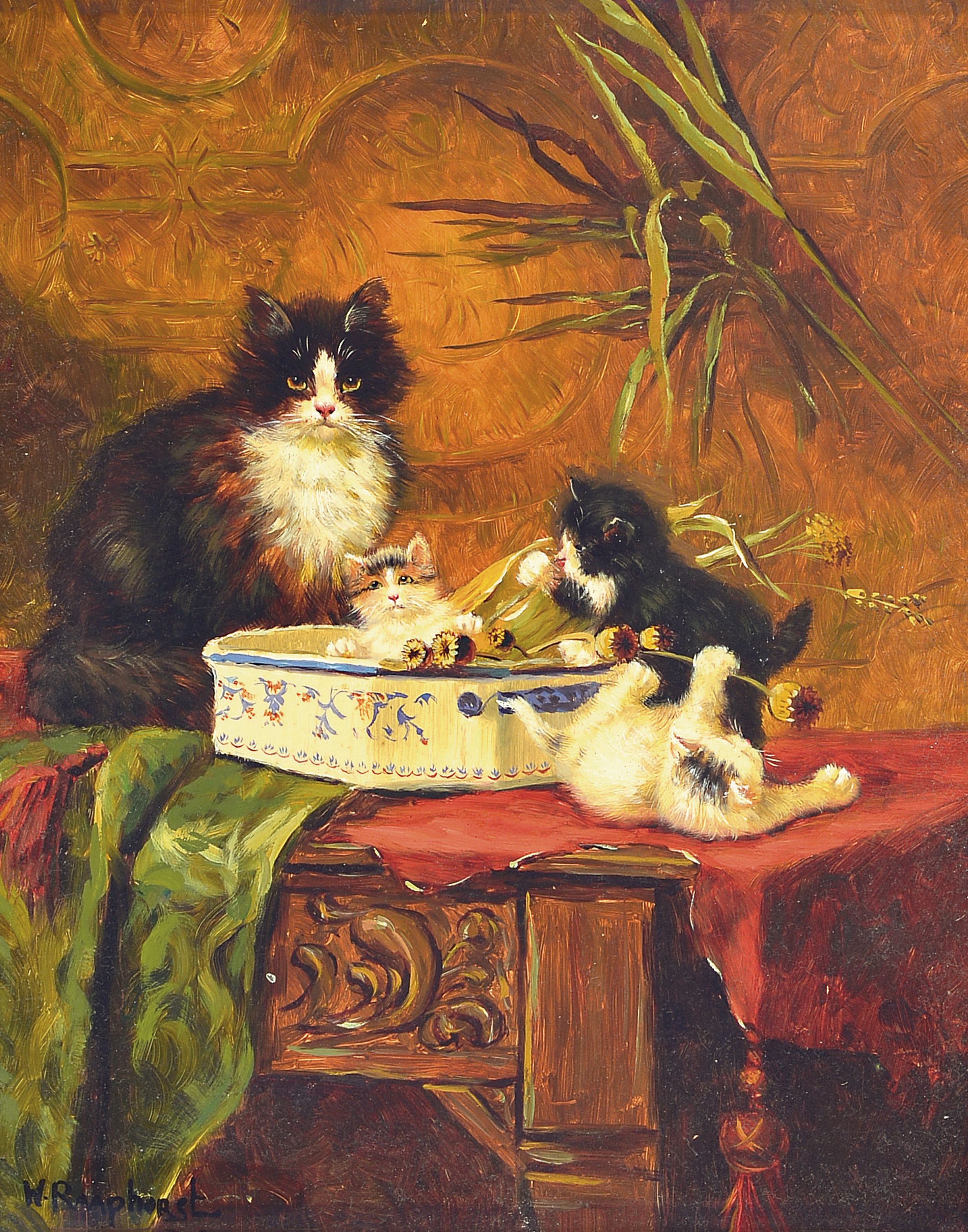 Image 27136455 - Cornelis Raaphorst, 1875-1954, niederländischer Maler, drei junge Katzen spielen auf ...
