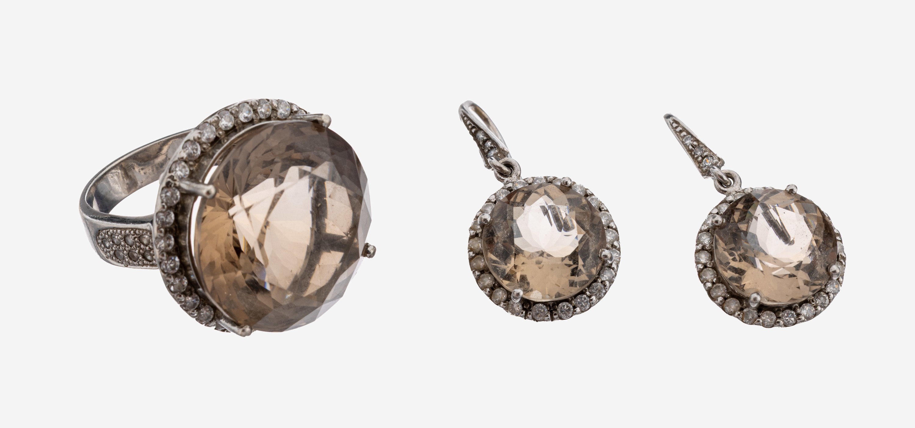 Image 27136459 - Rauchquarz-Schmuckset, 925er Silber, best. aus: 1 Ring, RW 58, und 1 Paar Ohrhänger, 3 ...