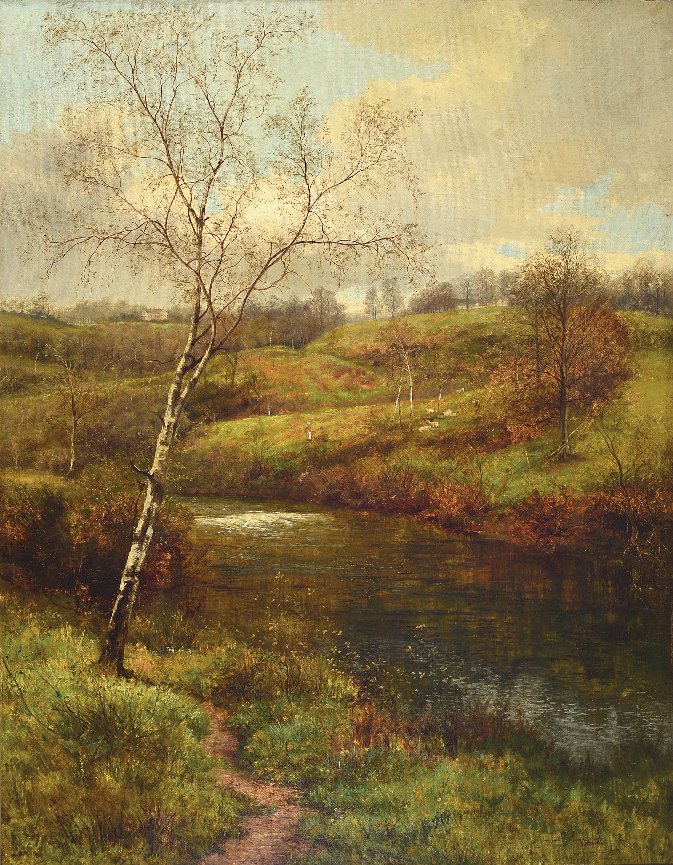 Image 27136587 - Enoch Crosland, 1860-1935 britisch, ´Spring Time on the Derwent at Cromford with view of ...