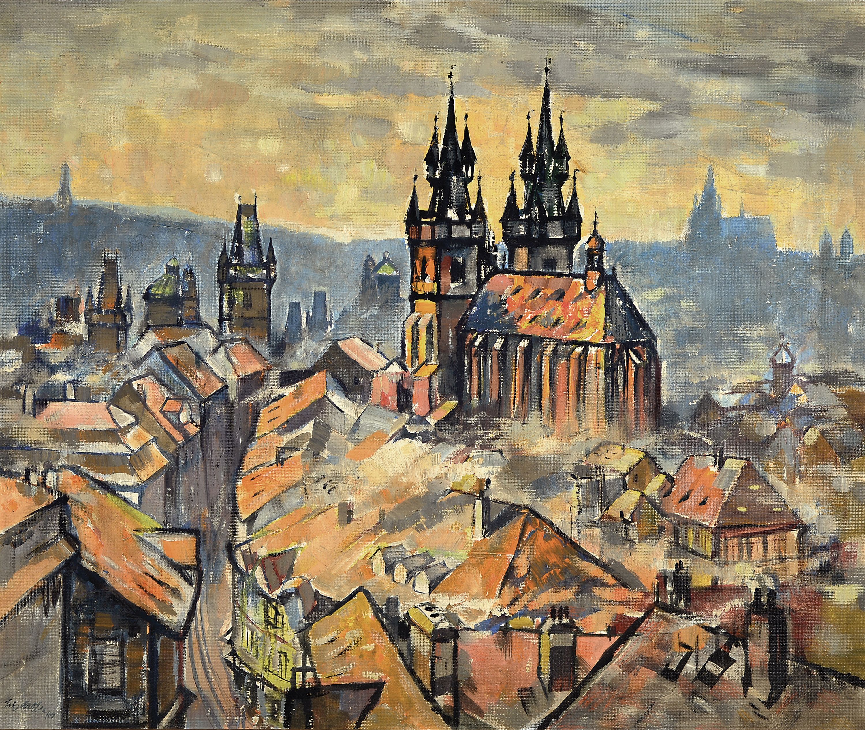 Image 27136591 - Ungedeuteter Künstler der 2.Hälfte des 20.Jh. , abendlicher Blick über Prag, links ...