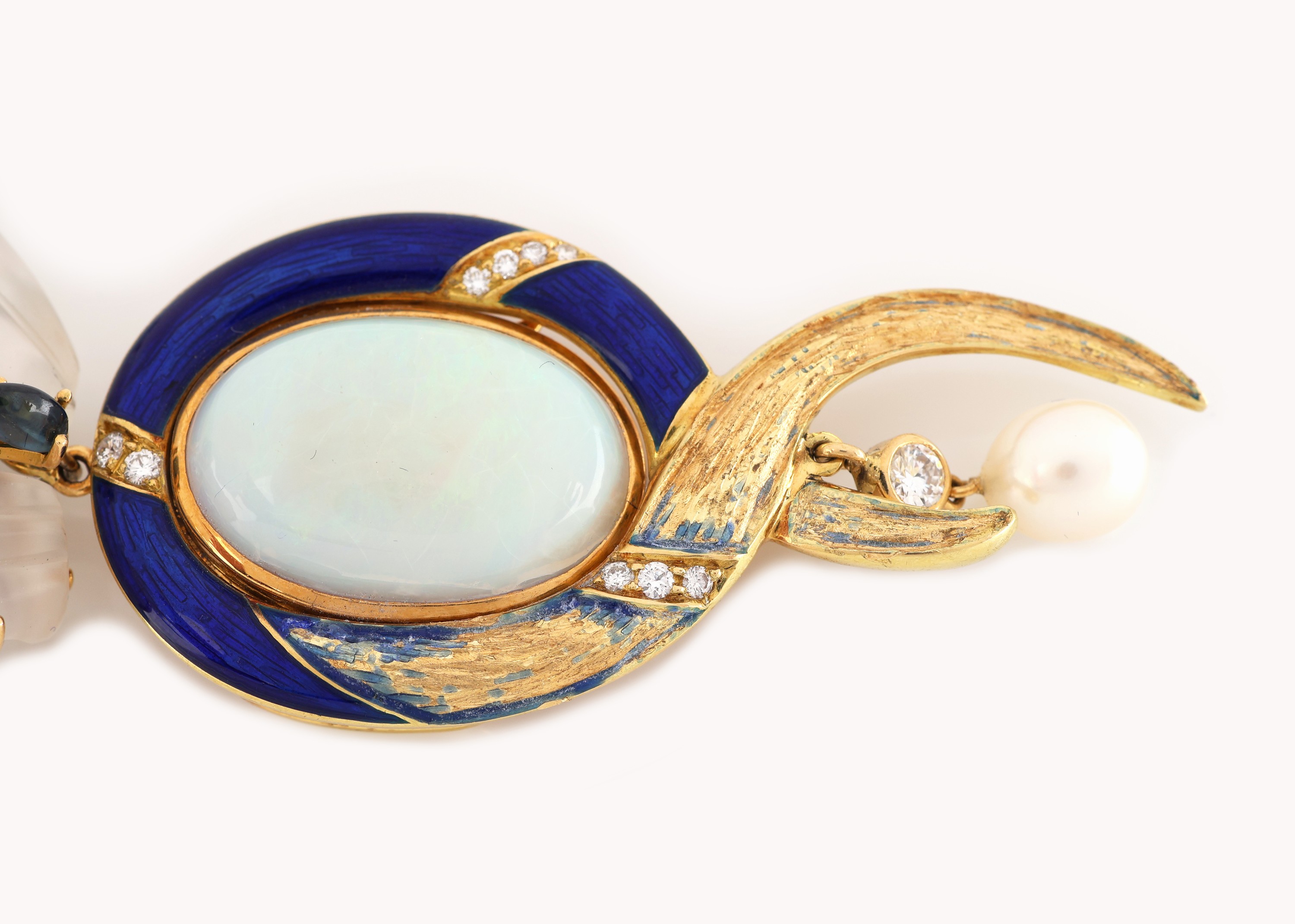 Detail b: OTTO KLEIN Aquamarin-Collier mit 18 kt Gold Opal-Saphir-Brillant-Perl-Mittelteil, GG 750/00, 4-rhg. facett. Aquamarin-Linsen in versch. Farbnuancen, ...