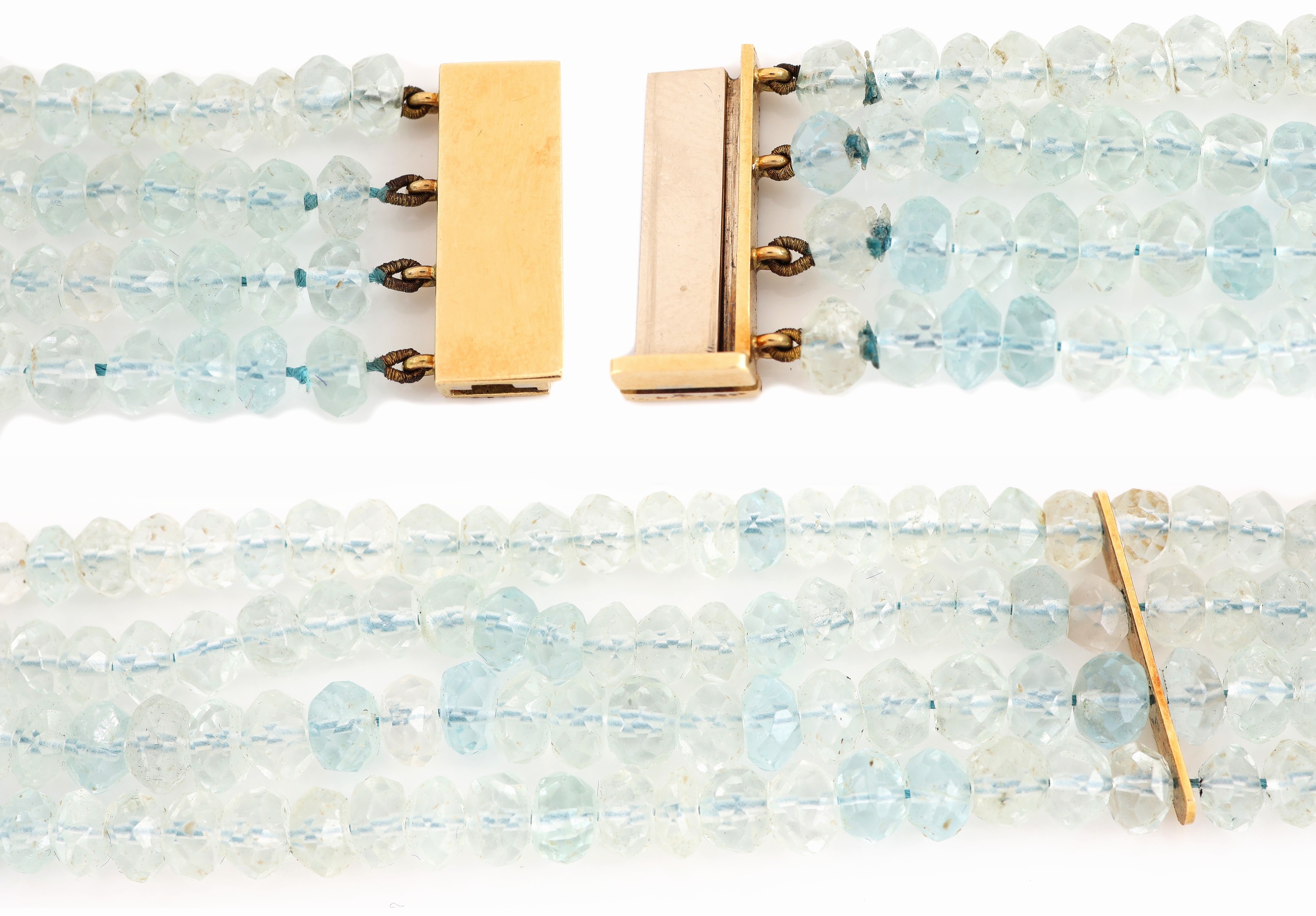 Detail g: OTTO KLEIN Aquamarin-Collier mit 18 kt Gold Opal-Saphir-Brillant-Perl-Mittelteil, GG 750/00, 4-rhg. facett. Aquamarin-Linsen in versch. Farbnuancen, ...