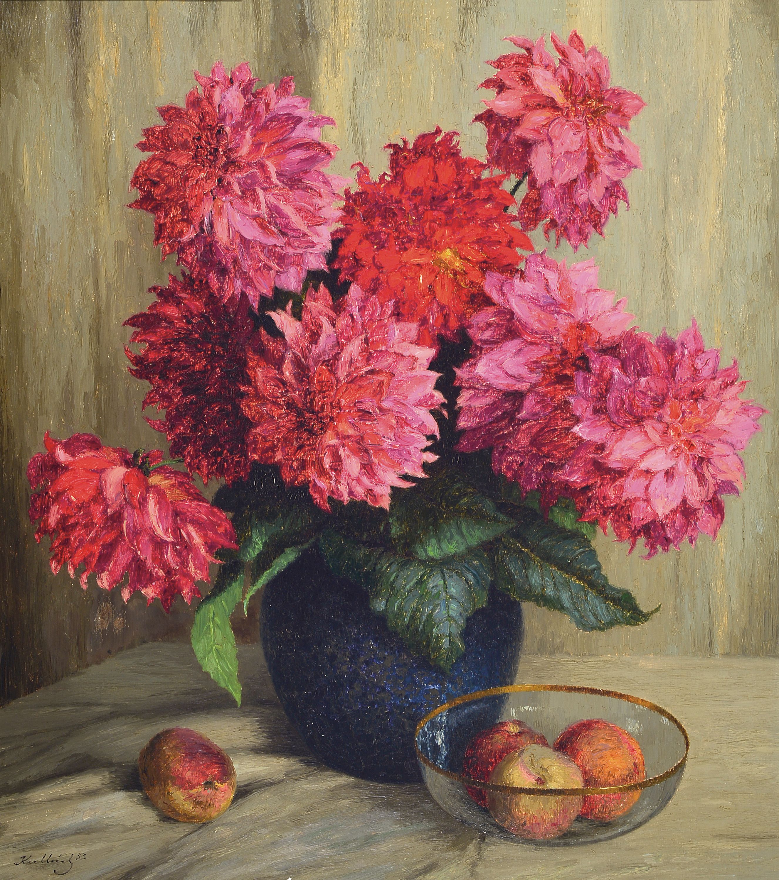 Image 27136637 - Gustav Kullrich, 1888 Neustadt/Wstr. bis 1938 Karlsruhe, großes Stillleben, ´Dahlien ...