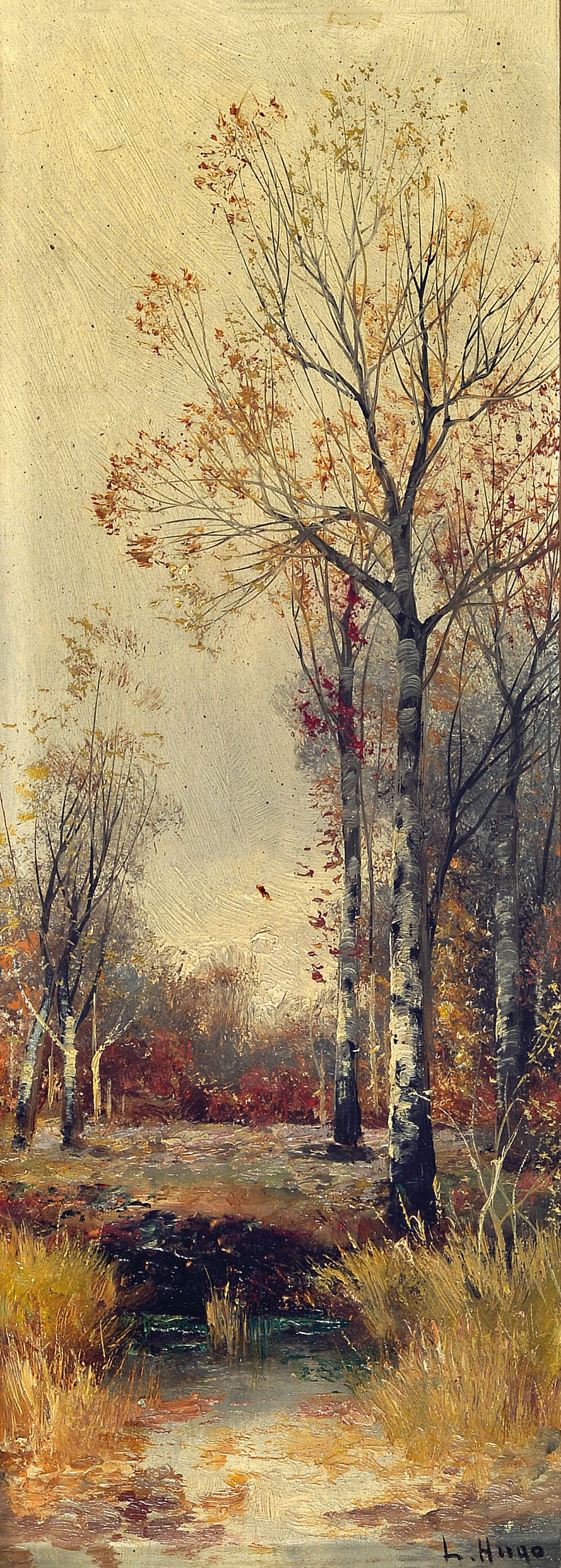 Image 27136650 - L. Hugo, Herbstmorgen, so rückseitig betitelt, Öl/Holz, sign., ca. 30.5x11.5cm, ...
