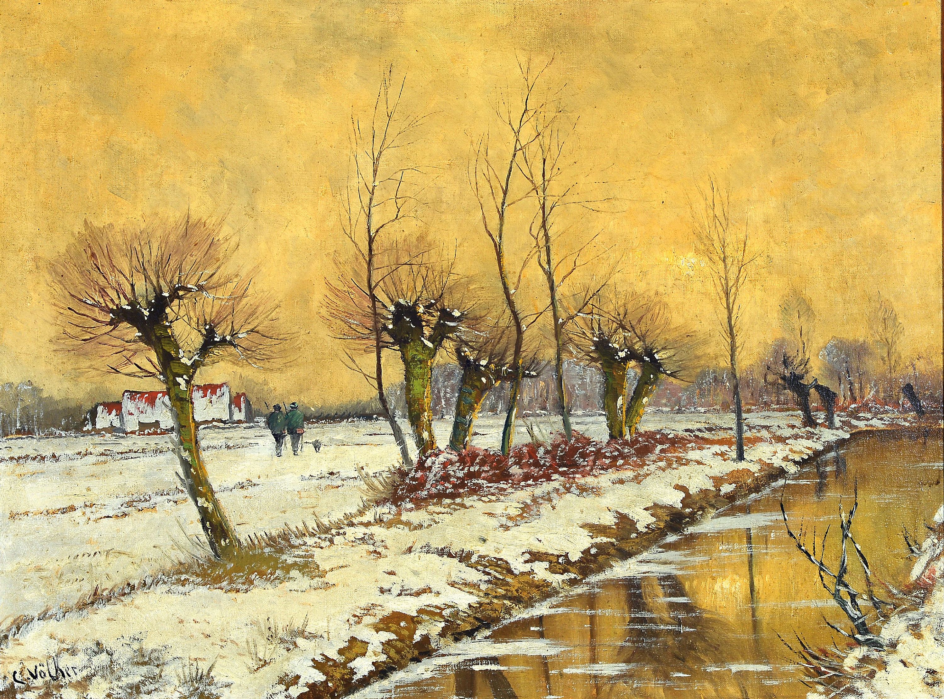 Image 27136675 - Carl Völker, Düsseldorfer Schule um 1900, niederrheinische Winterlandschaft mit zwei ...