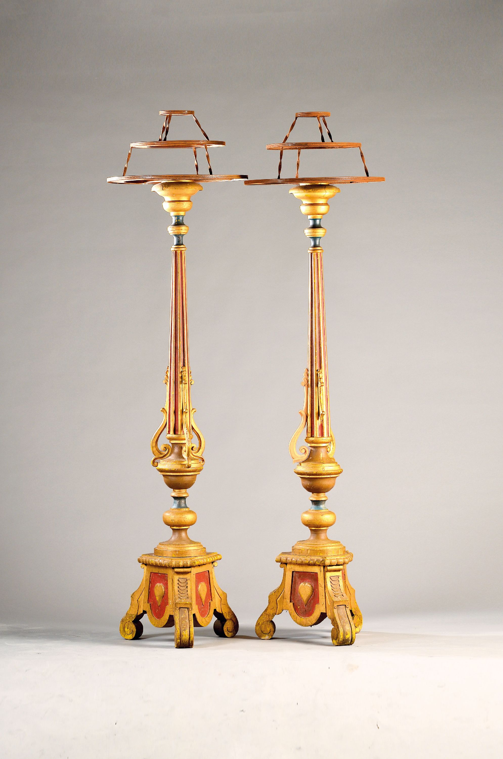 Image 27136687 - Pair of large candlesticks, 19th century, madeof solid wood, elaborately fluted columns, ...