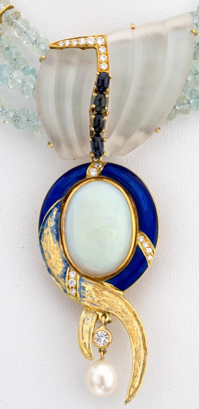 27136601a - OTTO KLEIN Aquamarin-Collier mit 18 kt Gold Opal-Saphir-Brillant-Perl-Mittelteil, GG ...