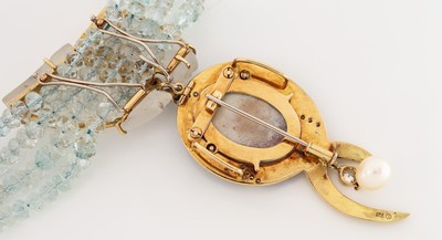 27136601c - OTTO KLEIN Aquamarin-Collier mit 18 kt Gold Opal-Saphir-Brillant-Perl-Mittelteil, GG ...