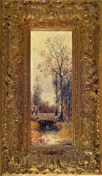 27136650k - L. Hugo, Herbstmorgen, so rückseitig betitelt, Öl/Holz, sign., ca. 30.5x11.5cm, ...