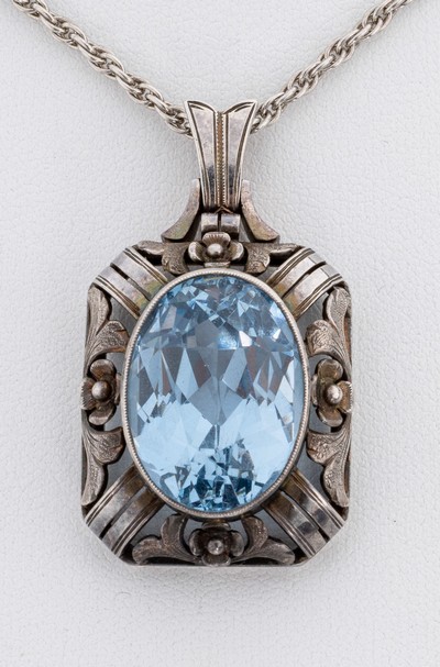 27136662a - Farbstein-Anhänger, 1920er-30er Jahre, 835er Silber, ovalfacett. blauer synth. ...