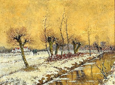 Image Carl Völker, Düsseldorf School around 1900, Lower Rhine winter landscape with two ...