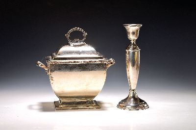 Image Covered vessel and candlestick, 20th century, silver-plated metal, approx. 24 x 22 x 13 ...