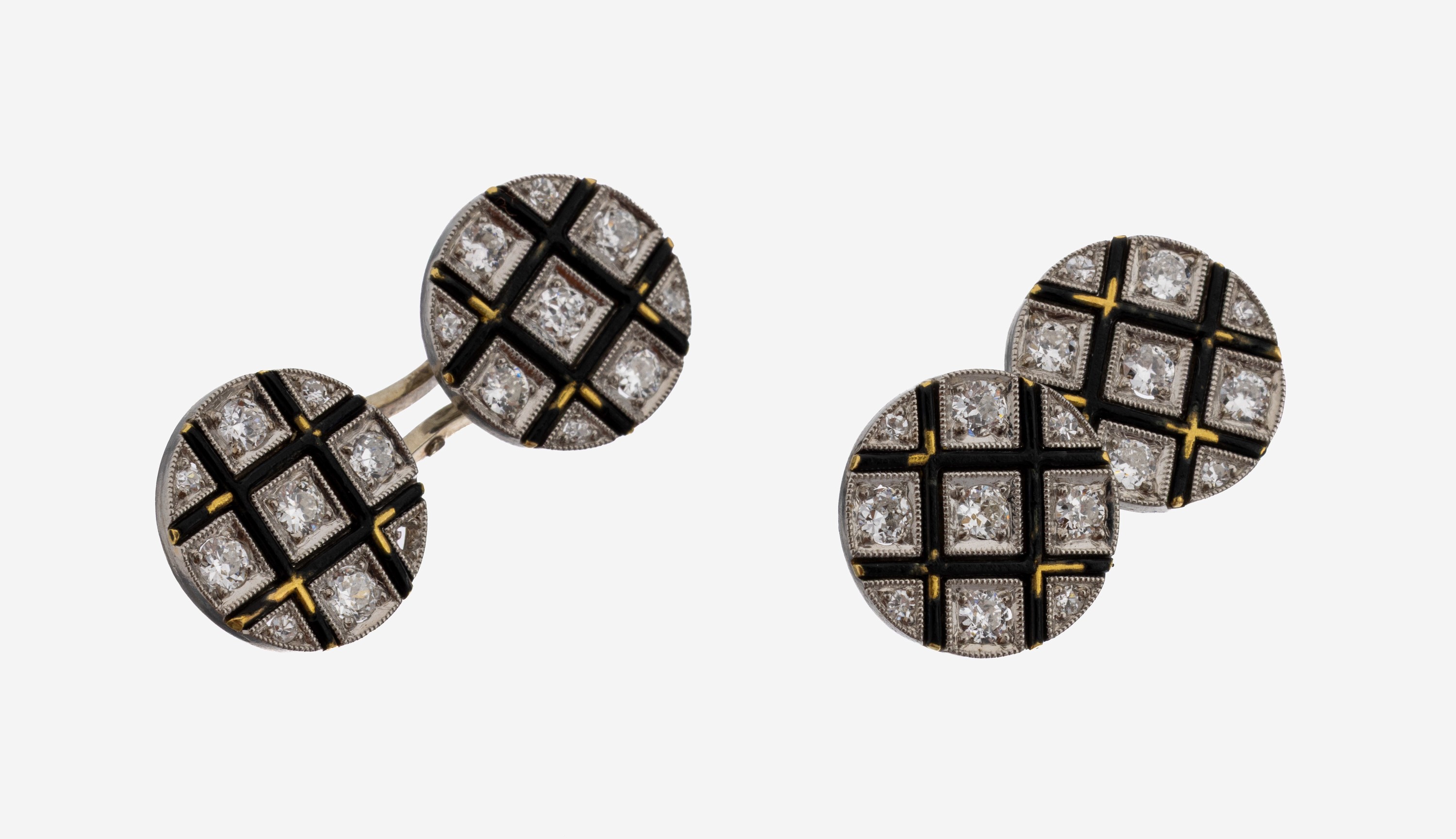 Image 27136826 - Paar 18 kt Gold Diamant-Manschettenknöpfe, WG/GG 750/000, rund, Gitter aus GG mit ...