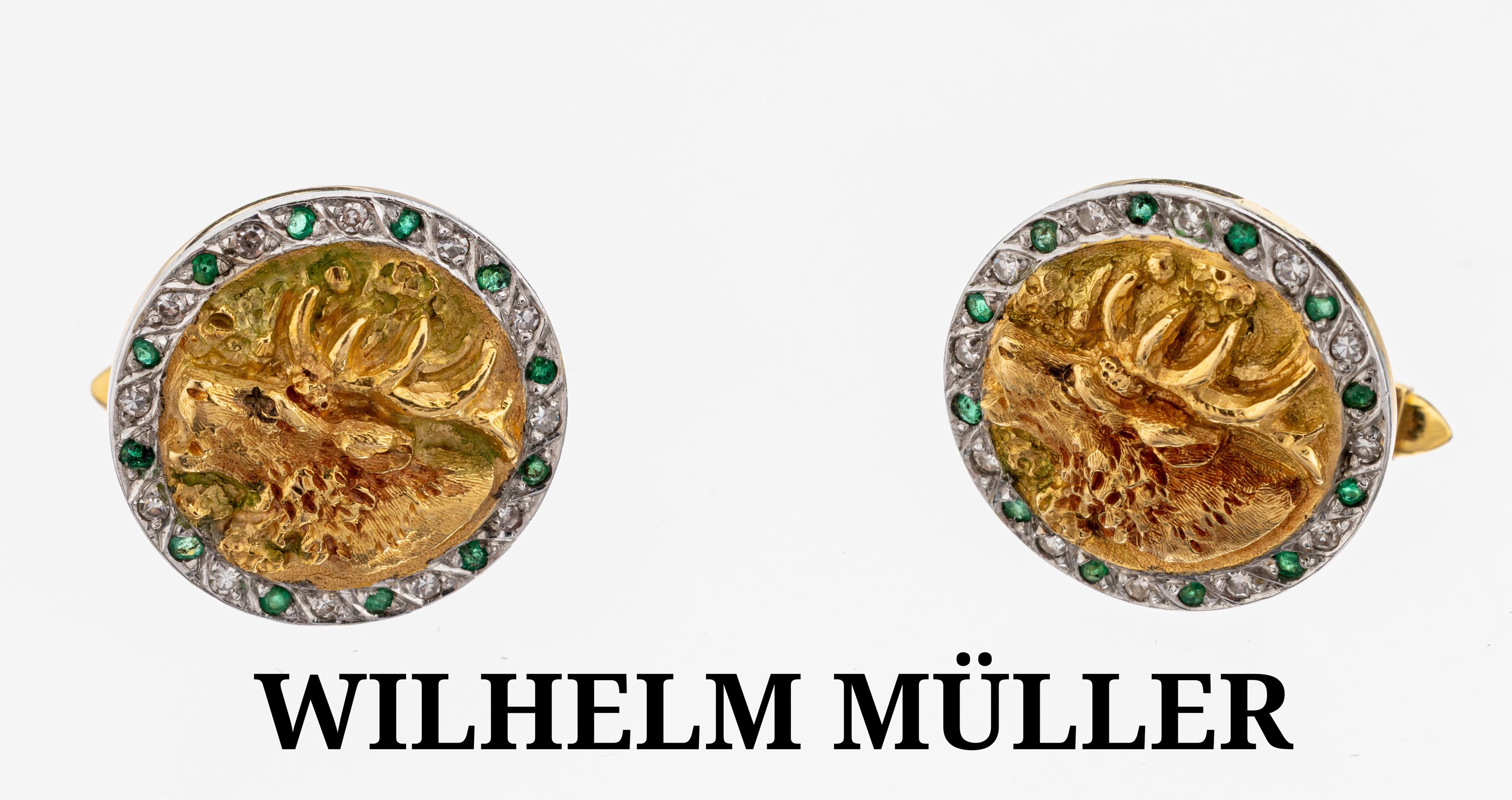 Image 27136830 - Paar 18 kt Gold Diamant-Smaragd- Manschettenknöpfe, GG/WG 750/000, rund, Relief mit ...