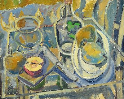 Image Heinz Reiss, 1923 Haßloch-2005, Stillleben mit Früchten und Gefäßen, links unten ...