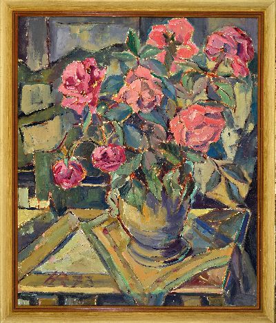 27136828k - Heinz Reiss, 1923 Haßloch-2005, Stillleben mit rosa-roten Rosen, links unten ...