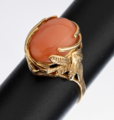 Image 14 kt Gold Korallen-Ring, GG 585/000 gepr.,abstrakt florales Design, ovaler ...