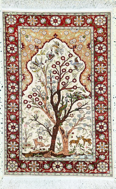 Image Hereke Seide fein signiert, Türkei, Mitte 20.Jhd, reine Naturseide, ca. 105 x 70 cm, ...