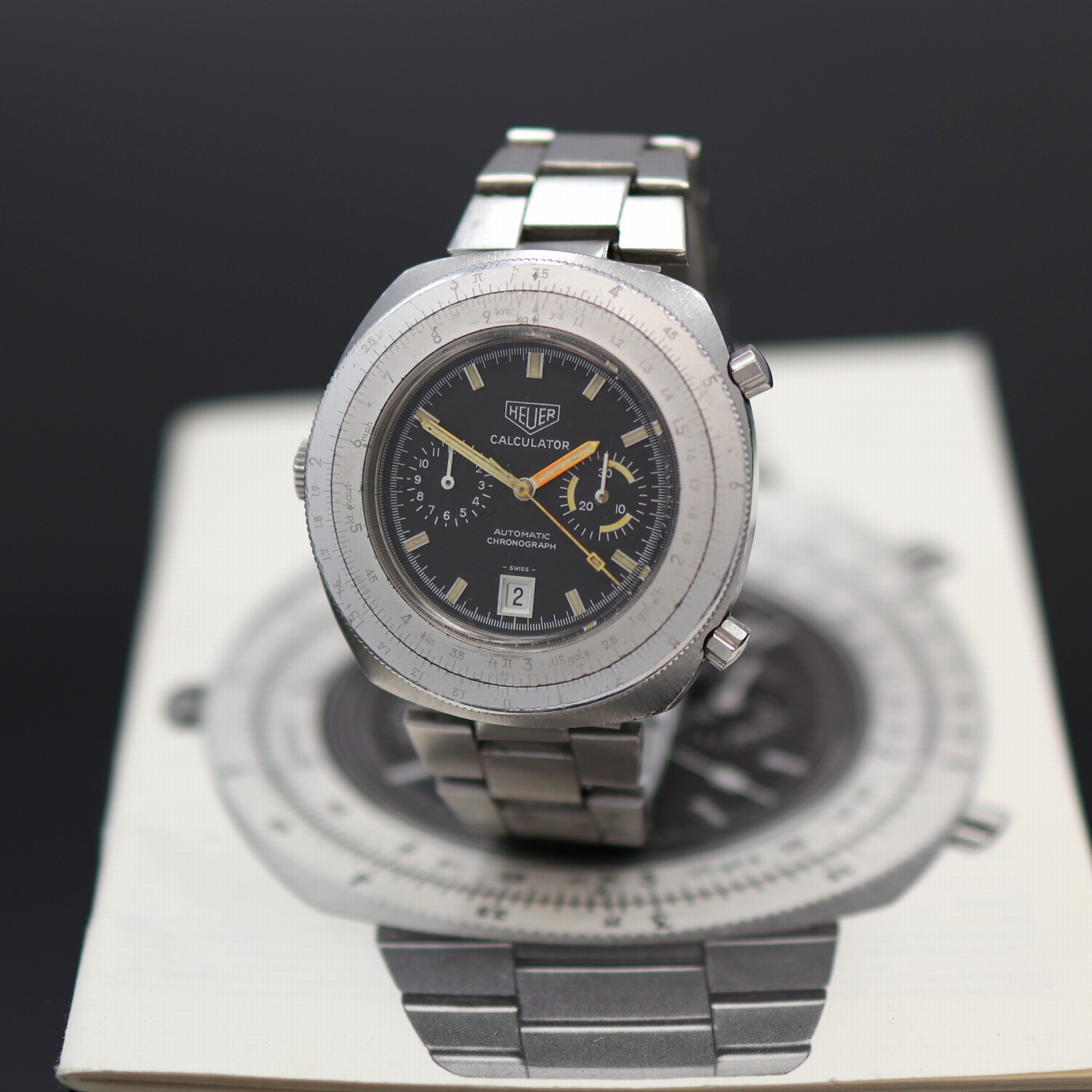 Image 27138496 - HEUER Calculator Referenz 110.633 in Stahl an original Stahlband, Schweiz um 1975, ...