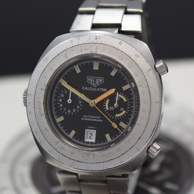 27138496a - HEUER Calculator Referenz 110.633 in Stahl an original Stahlband, Schweiz um 1975, ...