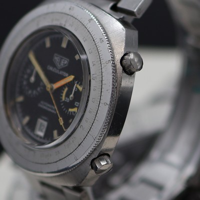 27138496b - HEUER Calculator Referenz 110.633 in Stahl an original Stahlband, Schweiz um 1975, ...