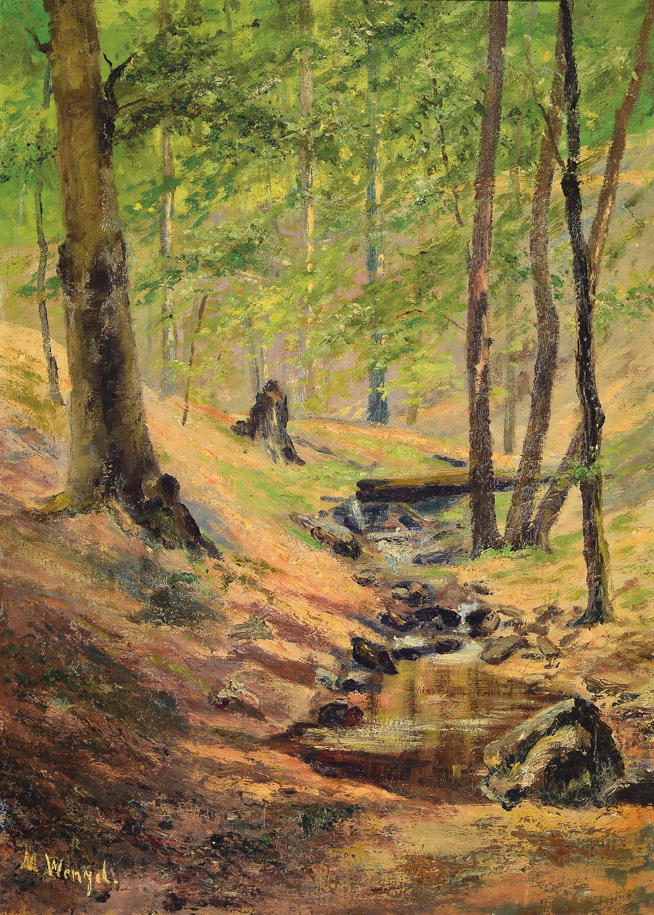 Image 27138538 - Marcin Wenzel, 1920-1988, Waldinterieur mit Bachlauf, links unten signiert, Öl/Lwd, ...