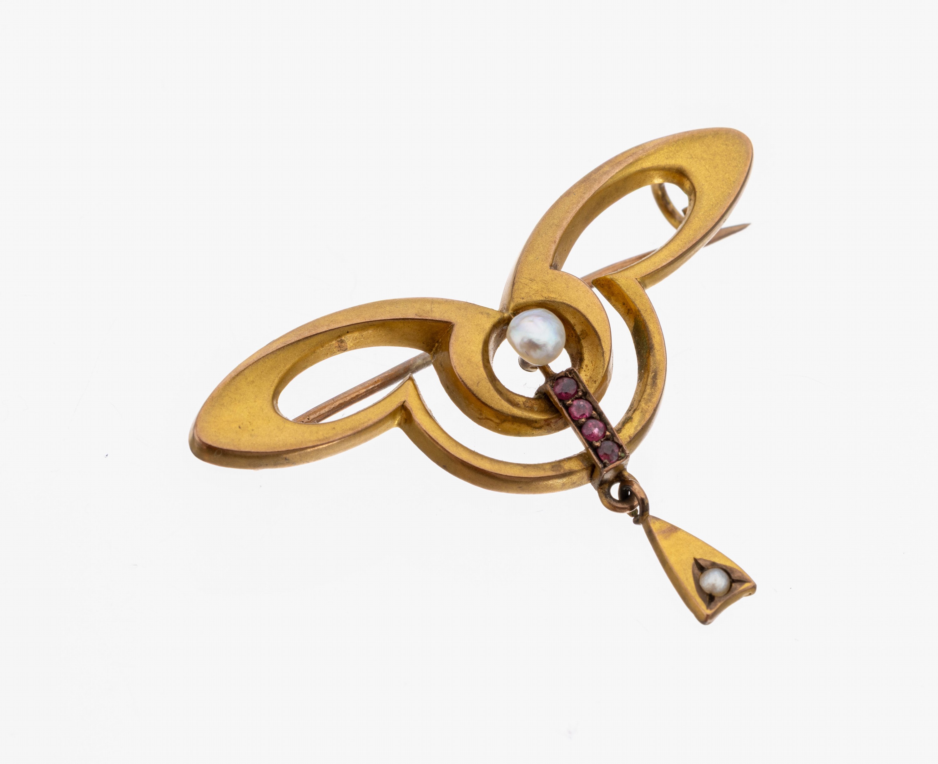 Image 27138566 - 8 kt Gold Perl-Rubin-Brosche, Jugendstil um 1900, GG 333/000, geometrischer ...