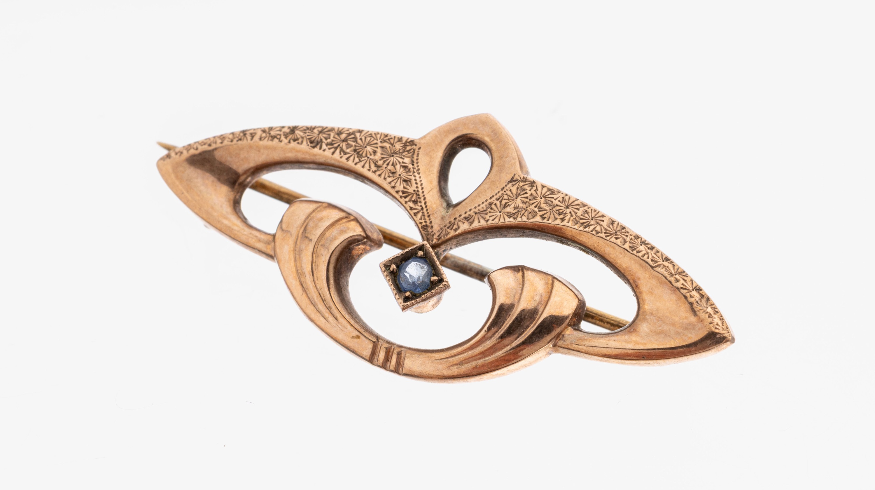Image 27138568 - 8 kt Gold Jugendstil Saphir-Brosche, um 1900, RG 333/000, geometrisch, kl. rundfacett. ...