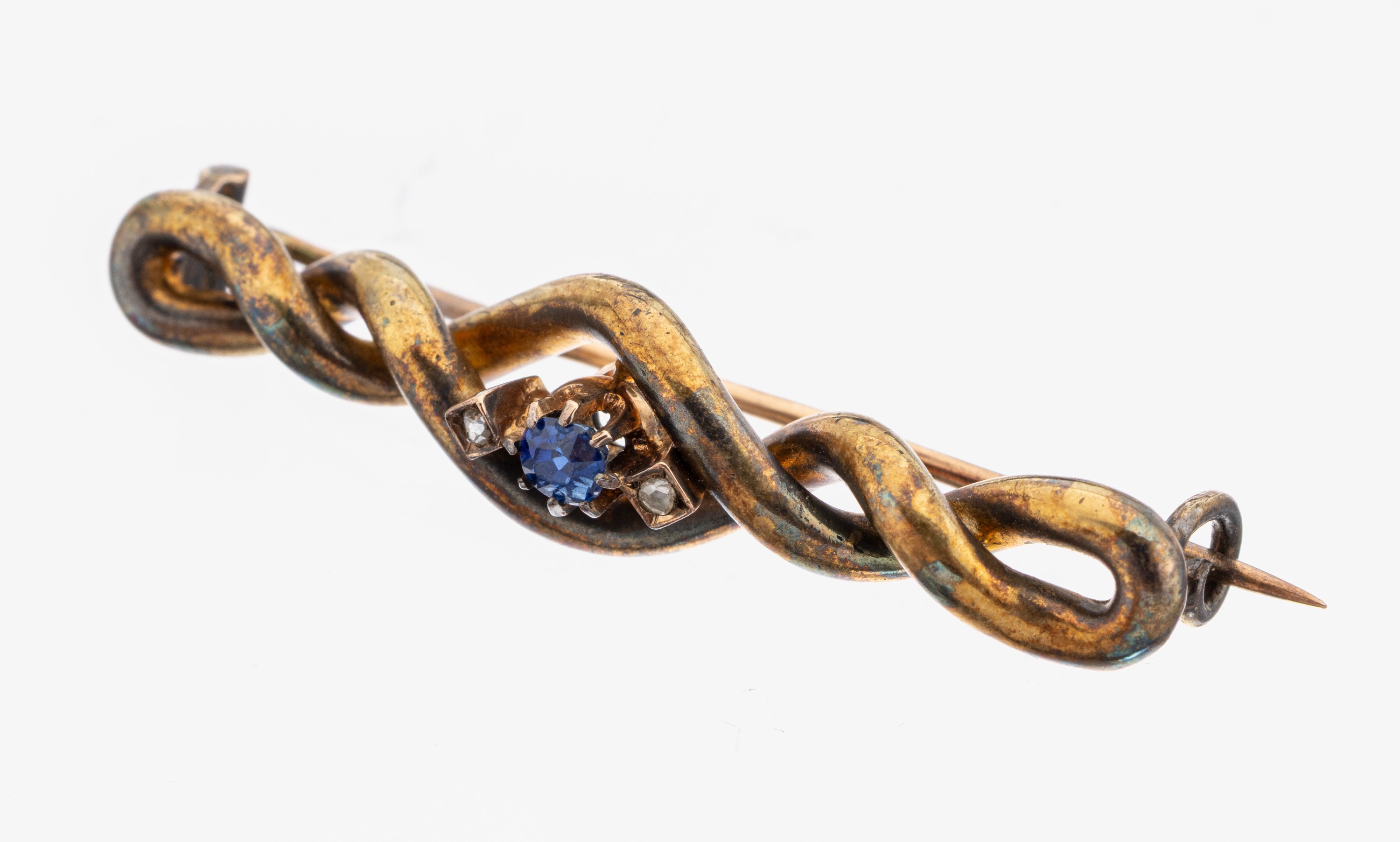 Image 27138572 - 14 kt Gold Saphir-Diamant-Brosche, um 1880- 1900, RG 585/000 gepr., ineinander ...