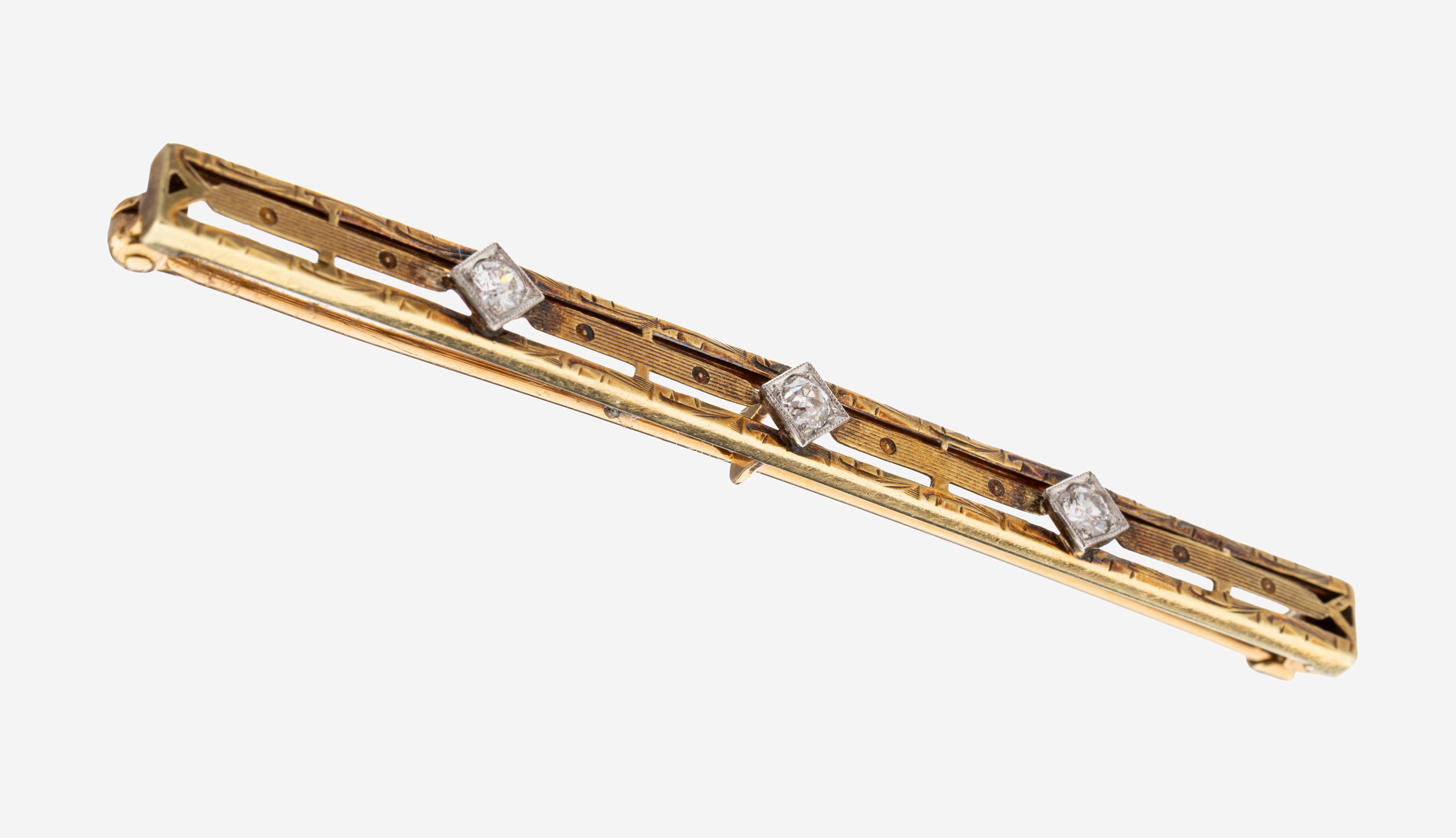Image 27138575 - 14 kt gold diamond-brooch , YG/WG 585/000, unusual design, 1 brilliant and 2 old cut ...