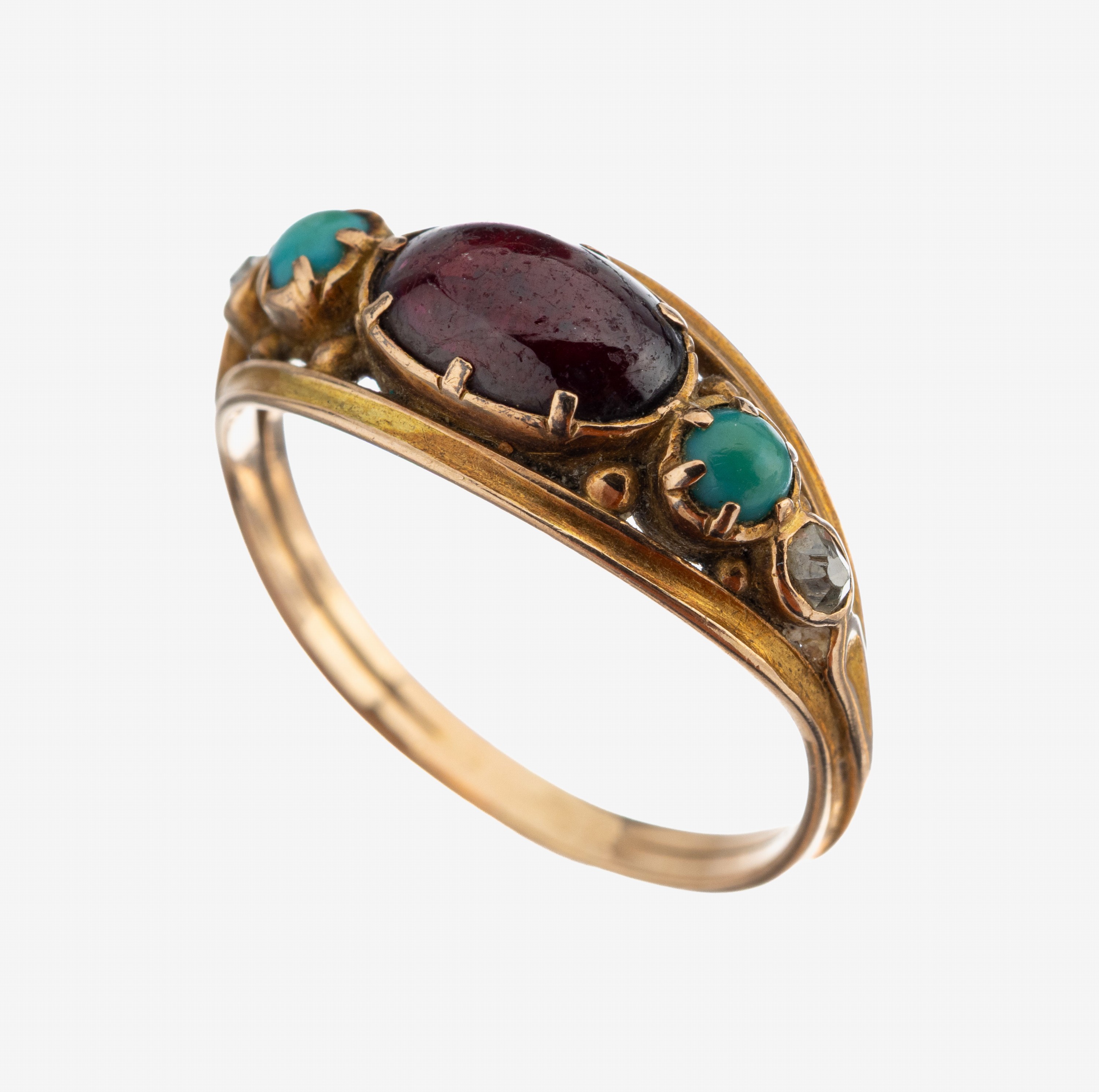 Image 27138586 - 14 kt Gold Granat-Türkis-Diamant-Ring, um 1900, GG 585/000, ovaler Granat-Cabochon, ...
