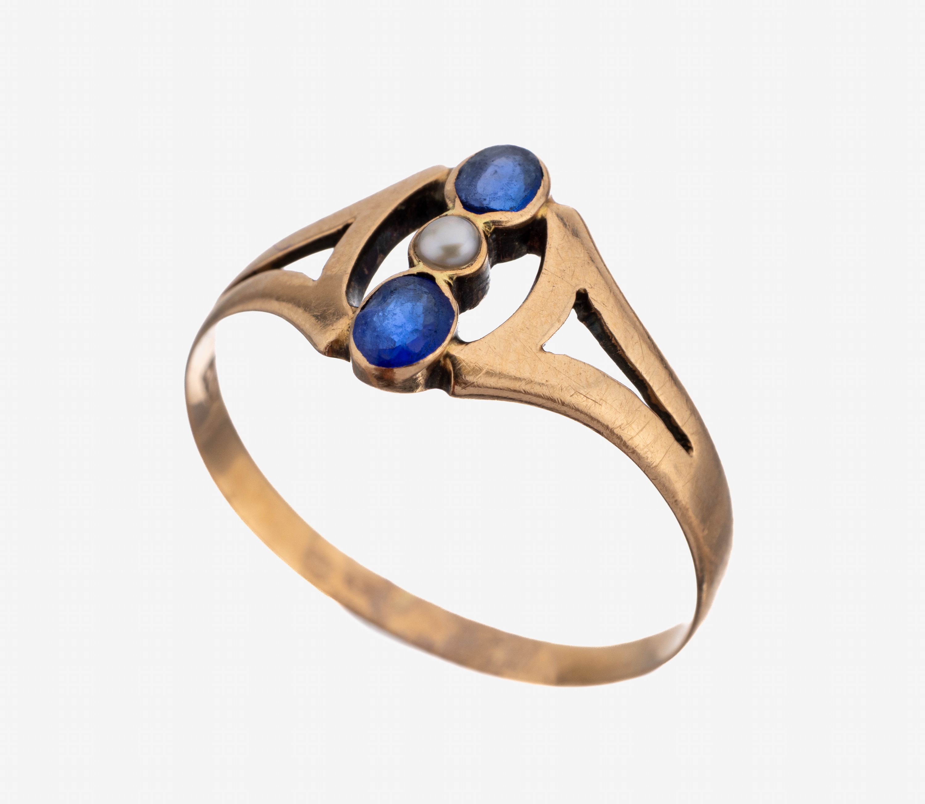 Image 27138593 - 14 kt Gold Farbstein-Perl-Ring, um 1910-20, RG 585/000, 2 kl. ovale Saphir-Synthesen, ...