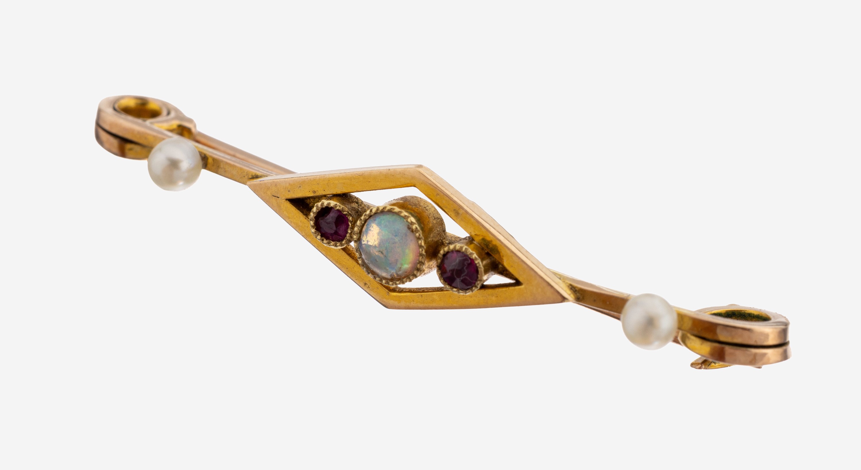 Image 27138599 - 9 kt und 15 kt Gold Jugendstil Farbstein- Perl-Brosche, um 1900, GG 375/000 und ...