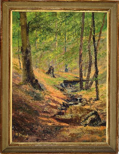 27138538k - Marcin Wenzel, 1920-1988, Waldinterieur mit Bachlauf, links unten signiert, Öl/Lwd, ...
