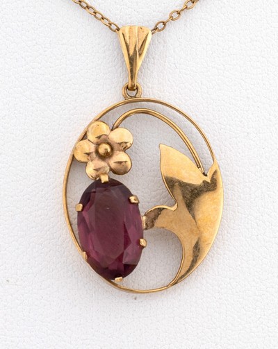 27138597a - 9 kt Gold Farbstein-Anhänger, England, um 1910-20, GG 375/000, ovale Grundform, ...