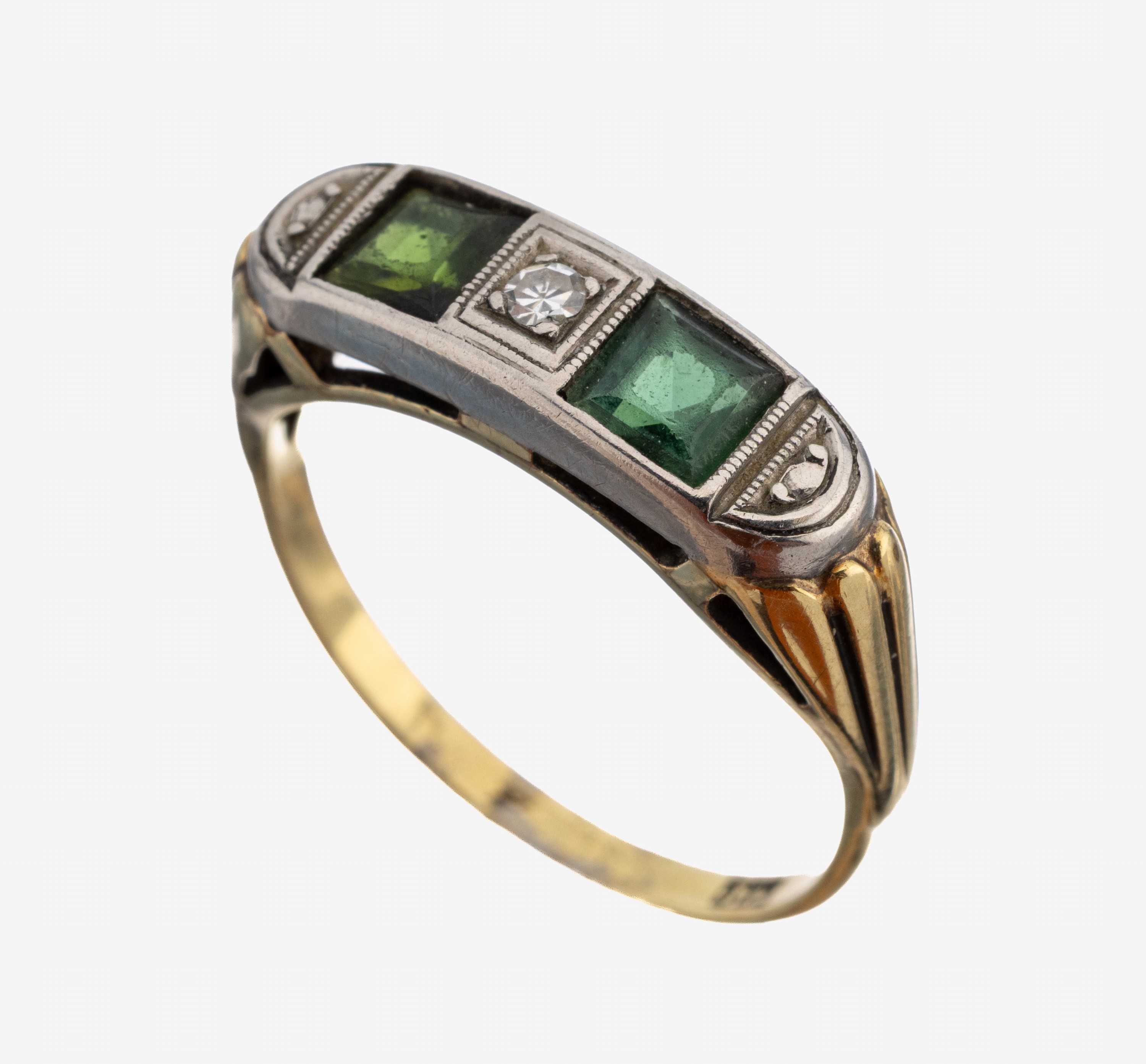 Image 27138615 - 14 kt Gold Farbstein-Diamant-Ring, GG/WG 585/000, 2 Farbstein-Carrees, wohl Turmalin, ...