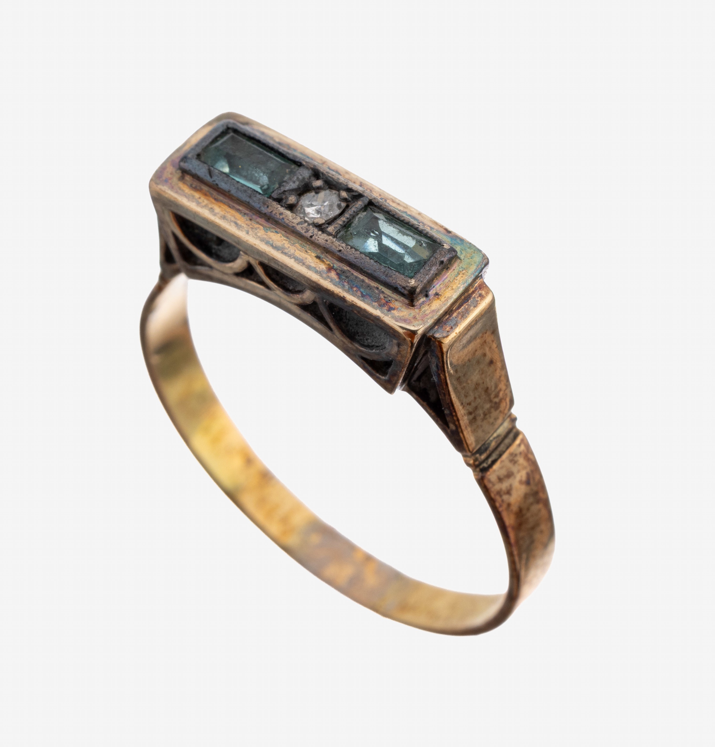 Image 27138627 - 14 kt Gold Farbstein-Brillant-Ring, 1930er Jahre, GG 585/000, Ringkopf Silber, 2 ...