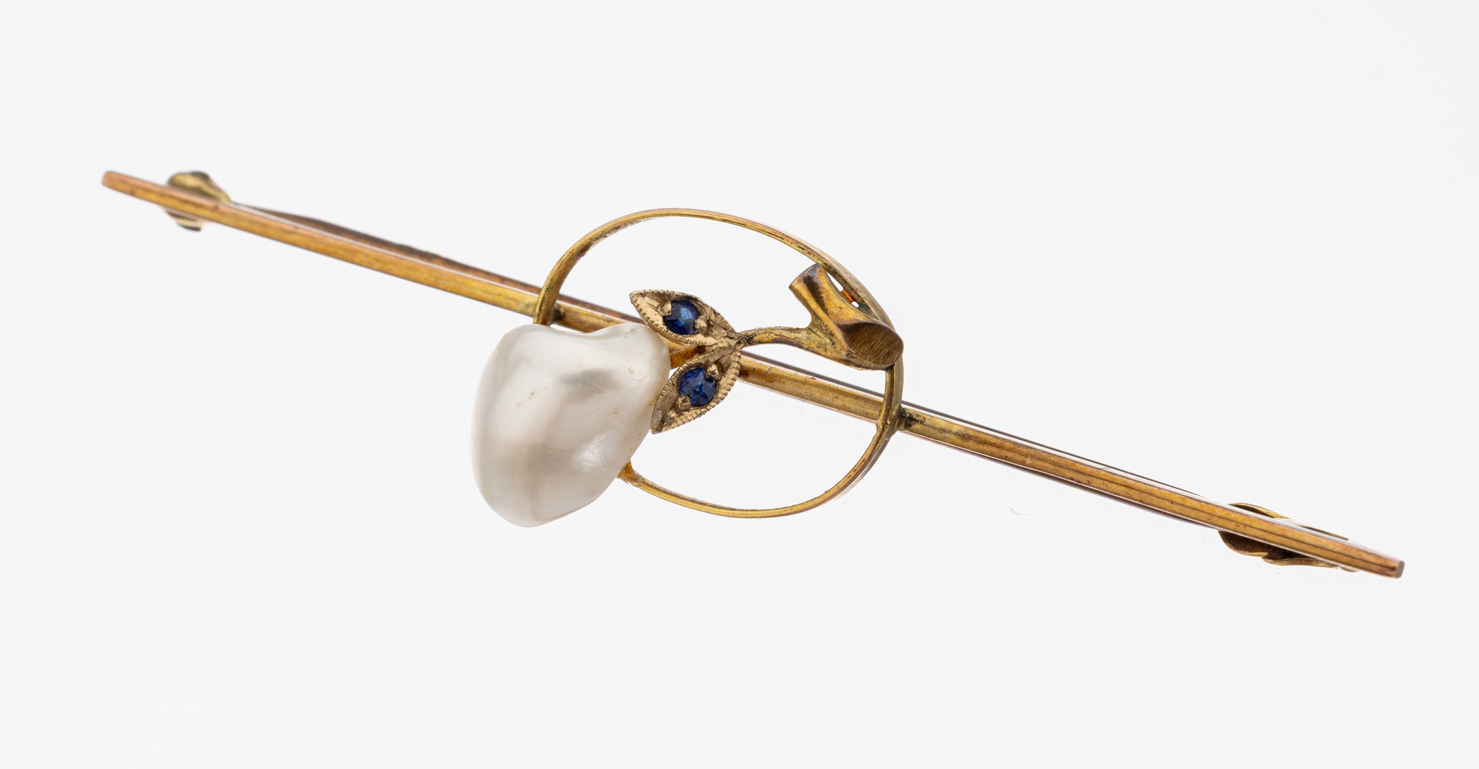 Image 27138647 - 9 kt gold sapphire-pearl-brooch, approx. 1900 , YG 375/000, unpretentious stick, ...