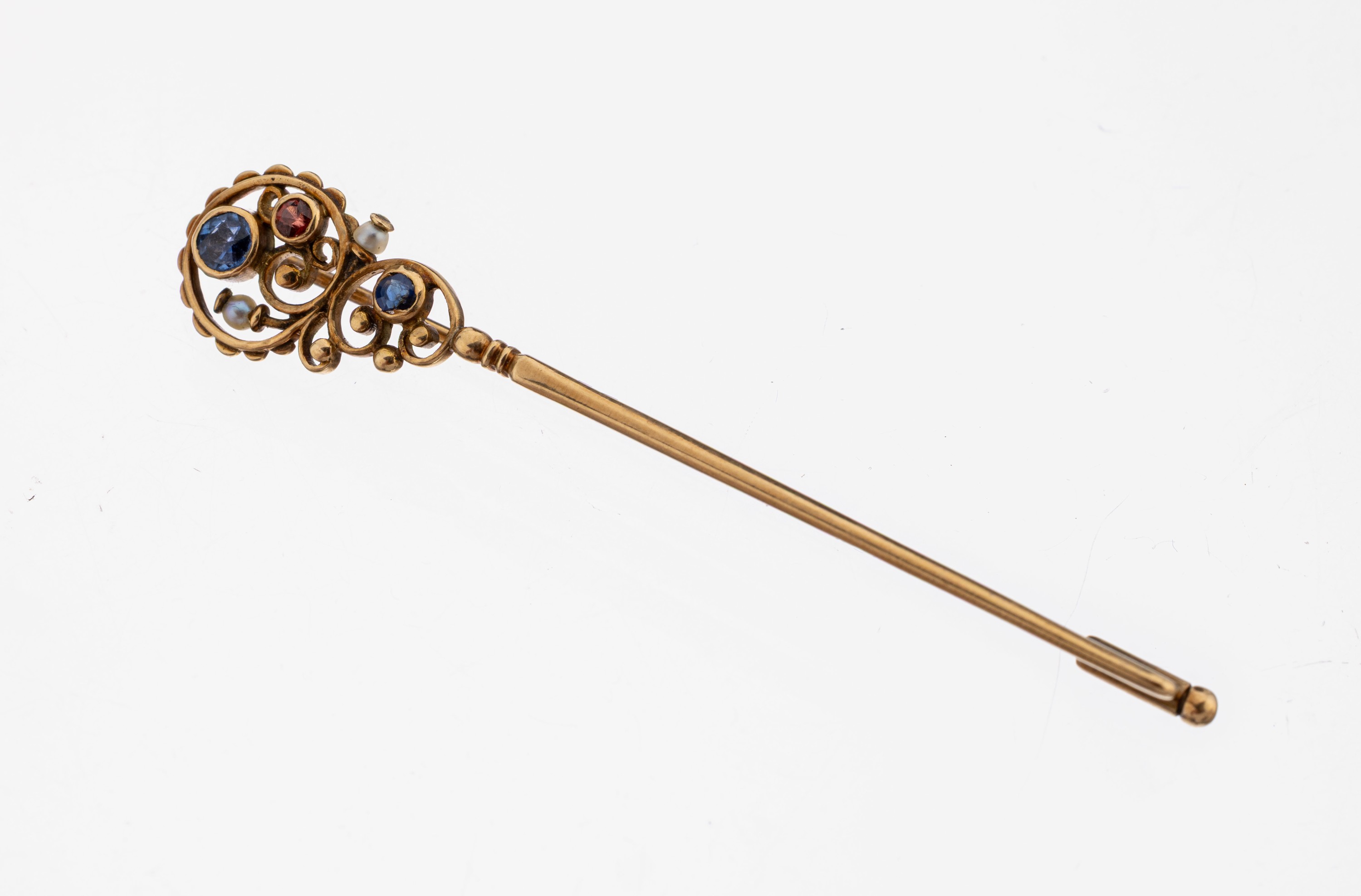 Image 27138649 - 14 kt Gold Farbstein-Perl-Brosche, um 1910, GG 585/000, länglicher Stab mit floralem ...