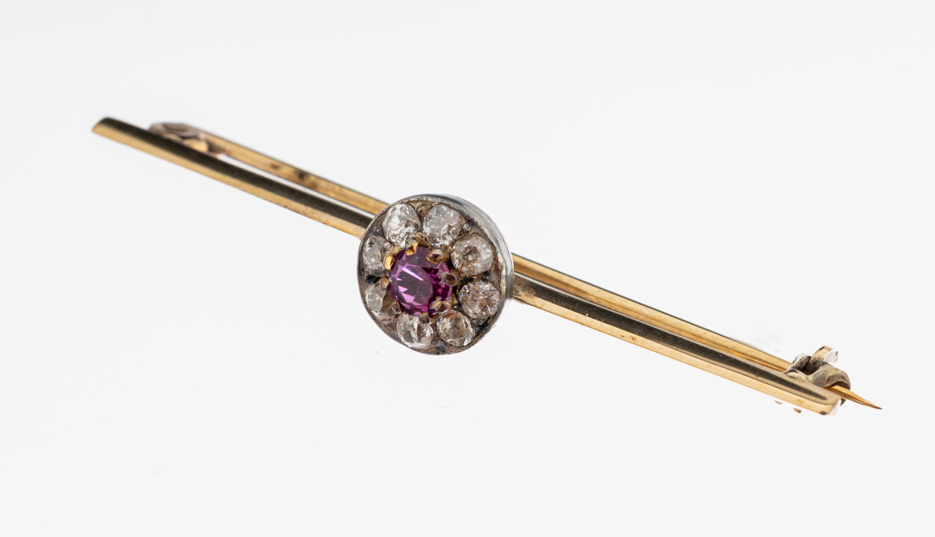 Image 27138654 - 14 kt Gold Rubin-Diamant-Brosche, GG 585/000 gepr., schlichte Stabbrosche, aufgelegtes ...