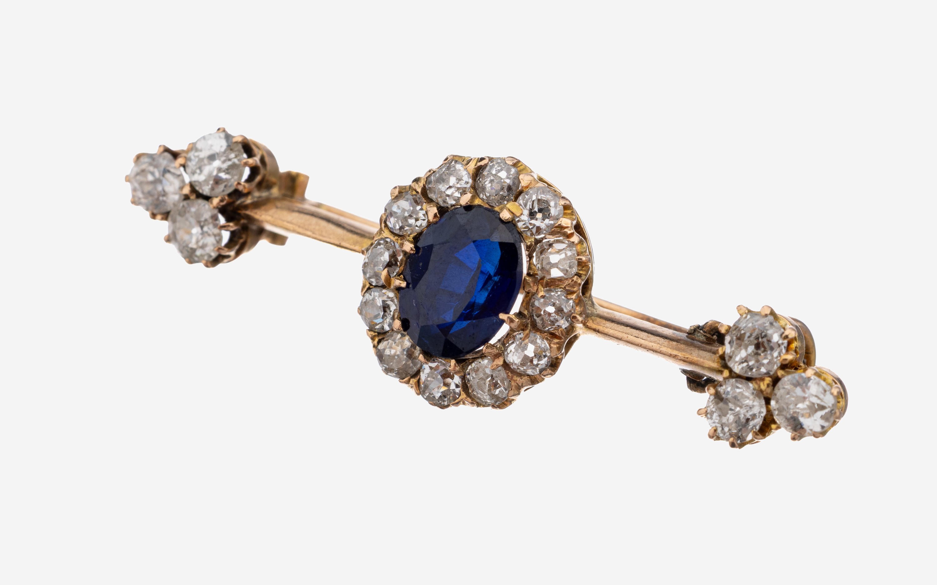 Image 27138655 - 14 kt Gold Saphir-Diamant-Brosche, um 1890- 1900, GG 585/000 gepr., feine Verarbeitung, ...