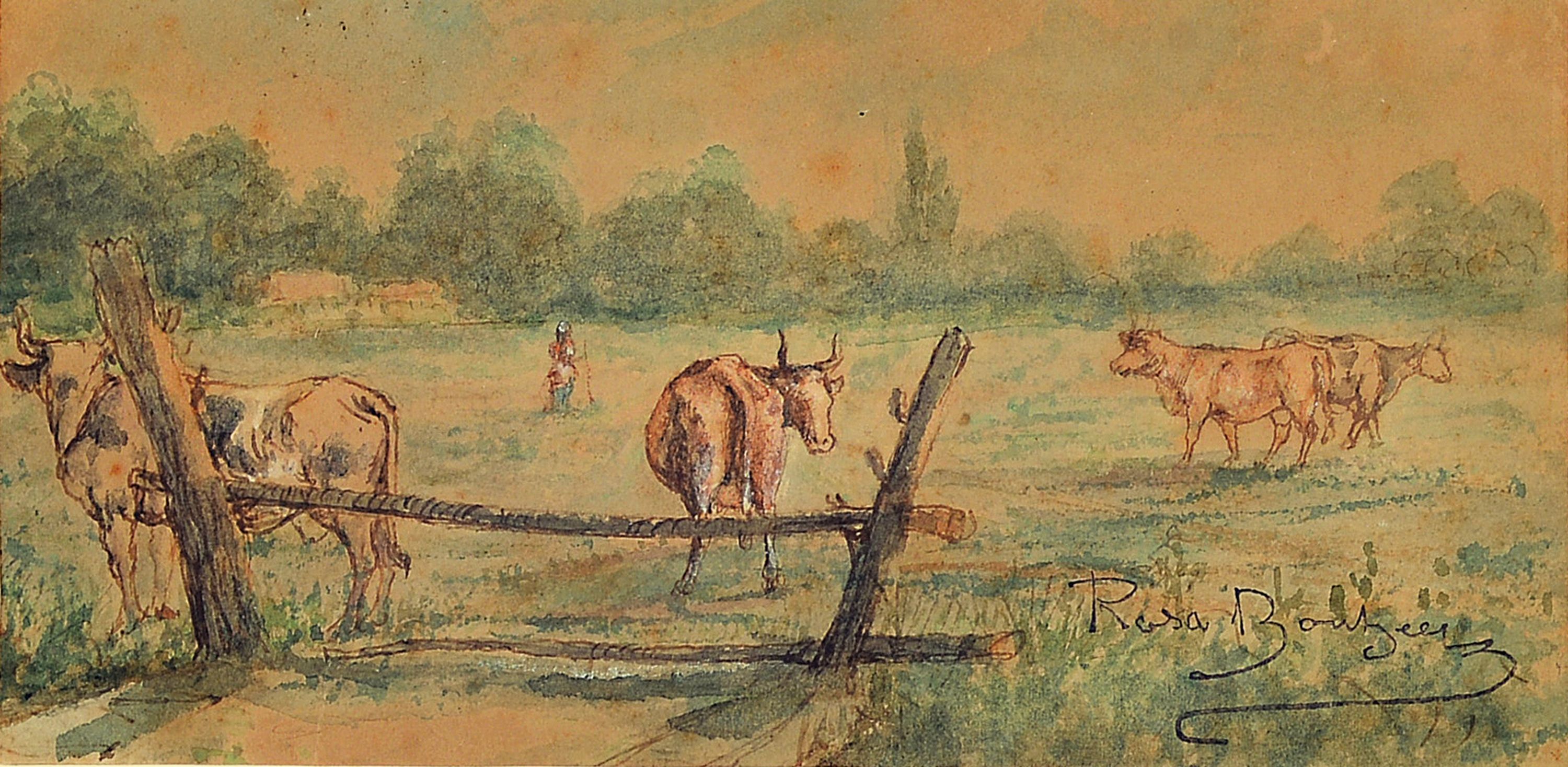 Image 27139542 - Rosa Bonheur, 1822 Bordeaux-1899 Thomery, ´Paysage avec vaches´, Aquarell, re. unten ...