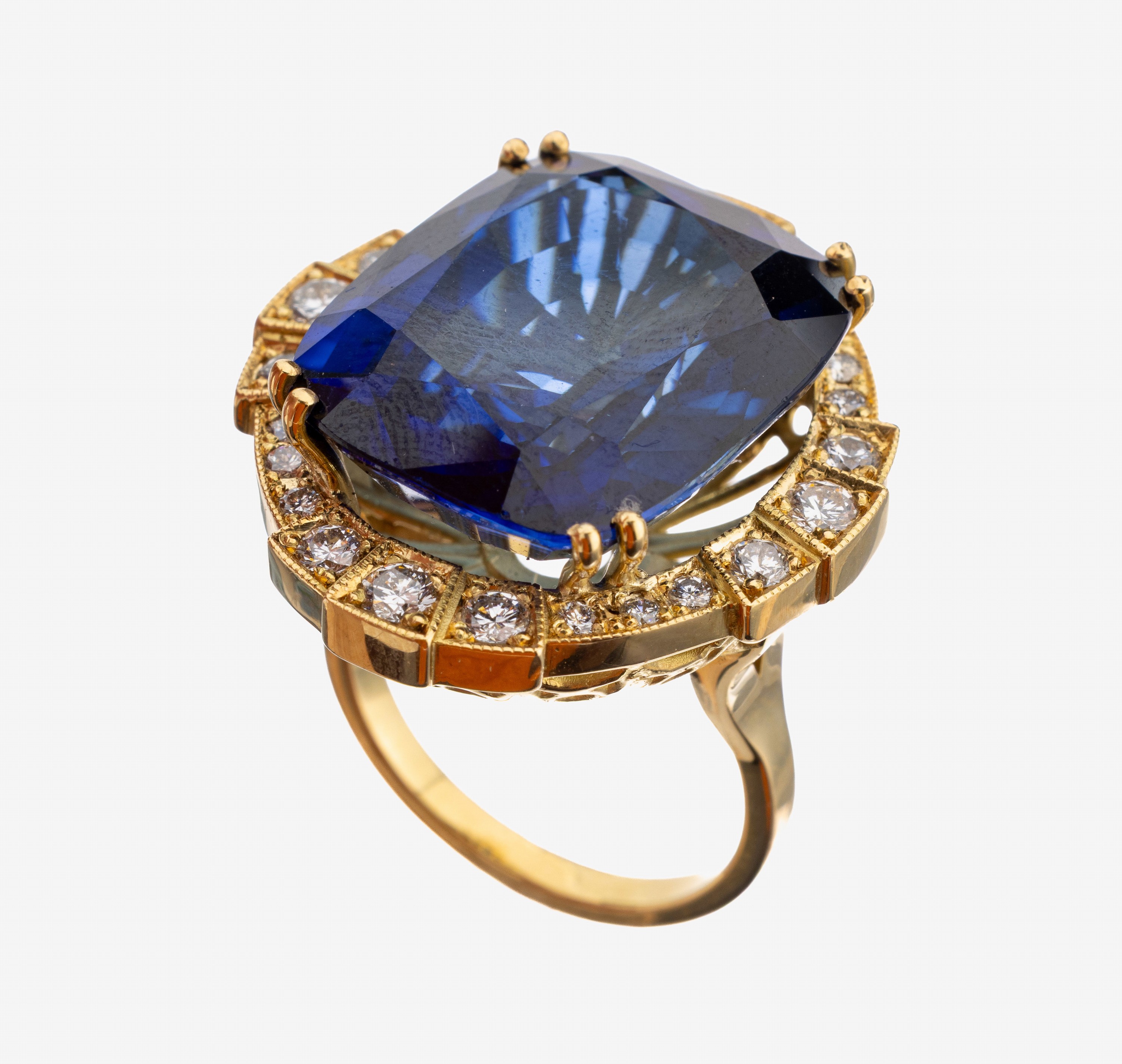 Image 27139566 - 18 kt Gold Saphir-Brillant-Ring, GG 750/000, facett. Saphir ca. 43.50 ct (beh.), 24 ...