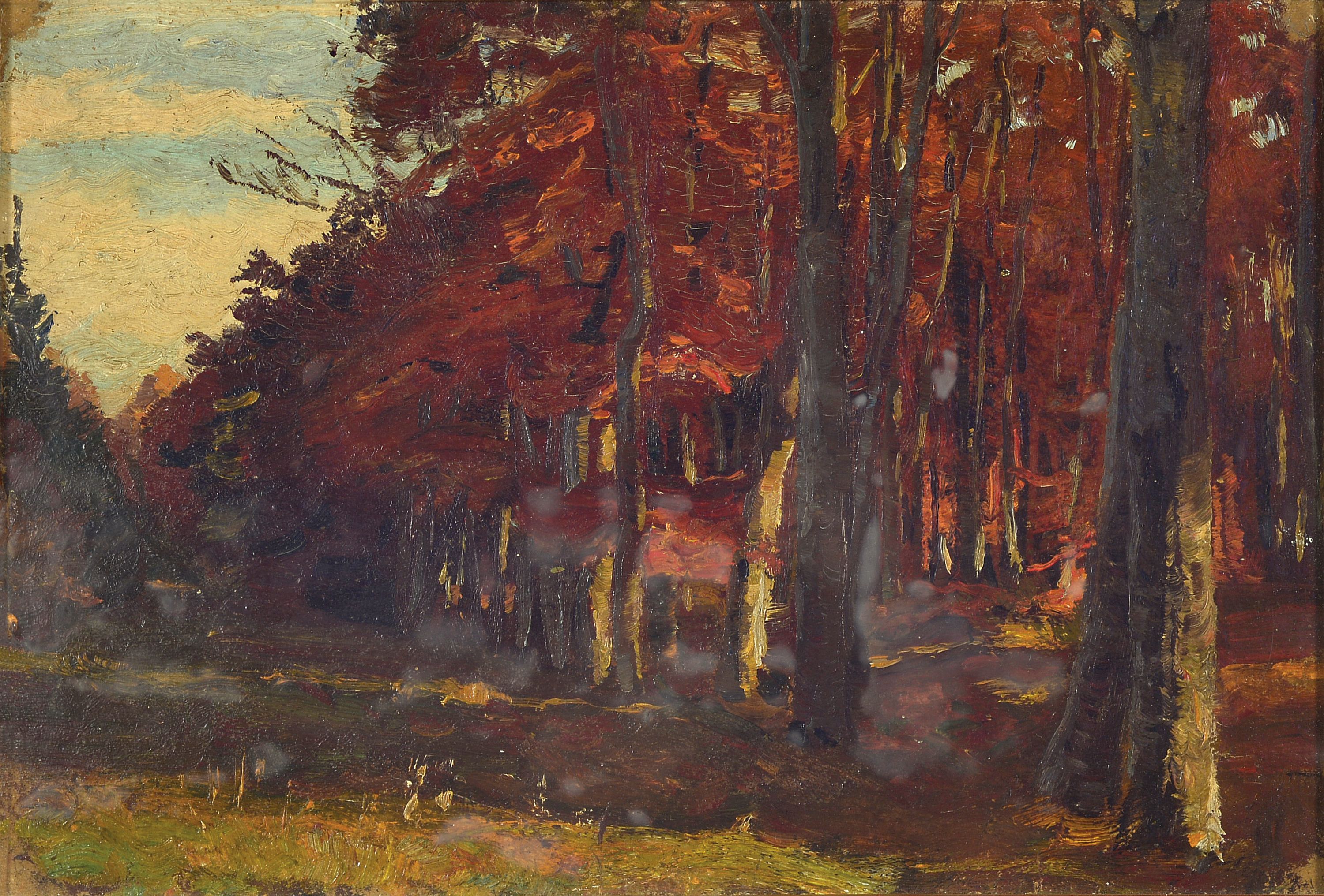Image 27139588 - Prof. Otto Reiniger, 1863 - 1909, Herbstwald IV, Öl/Karton, ca. 27 x 41 cm, rückseitig ...