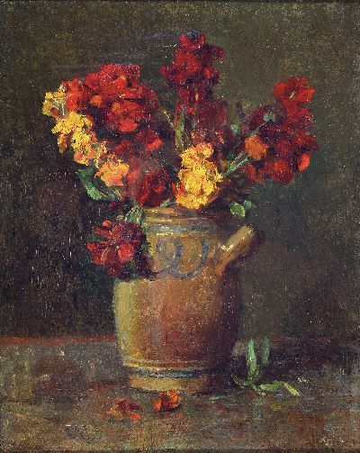 Image Wilhelmine Melzer, 1868 - 1930, still life, summer flowers in stoneware pot, oil/canvas, ...