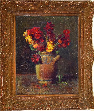 27139584k - Wilhelmine Melzer, 1868 - 1930, Stillleben, Sommerblumen in Steinzeugtopf, Öl/Lwd., re. ...