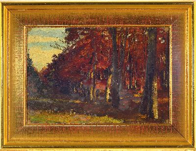 27139588k - Prof. Otto Reiniger, 1863 - 1909, Herbstwald IV, Öl/Karton, ca. 27 x 41 cm, rückseitig ...