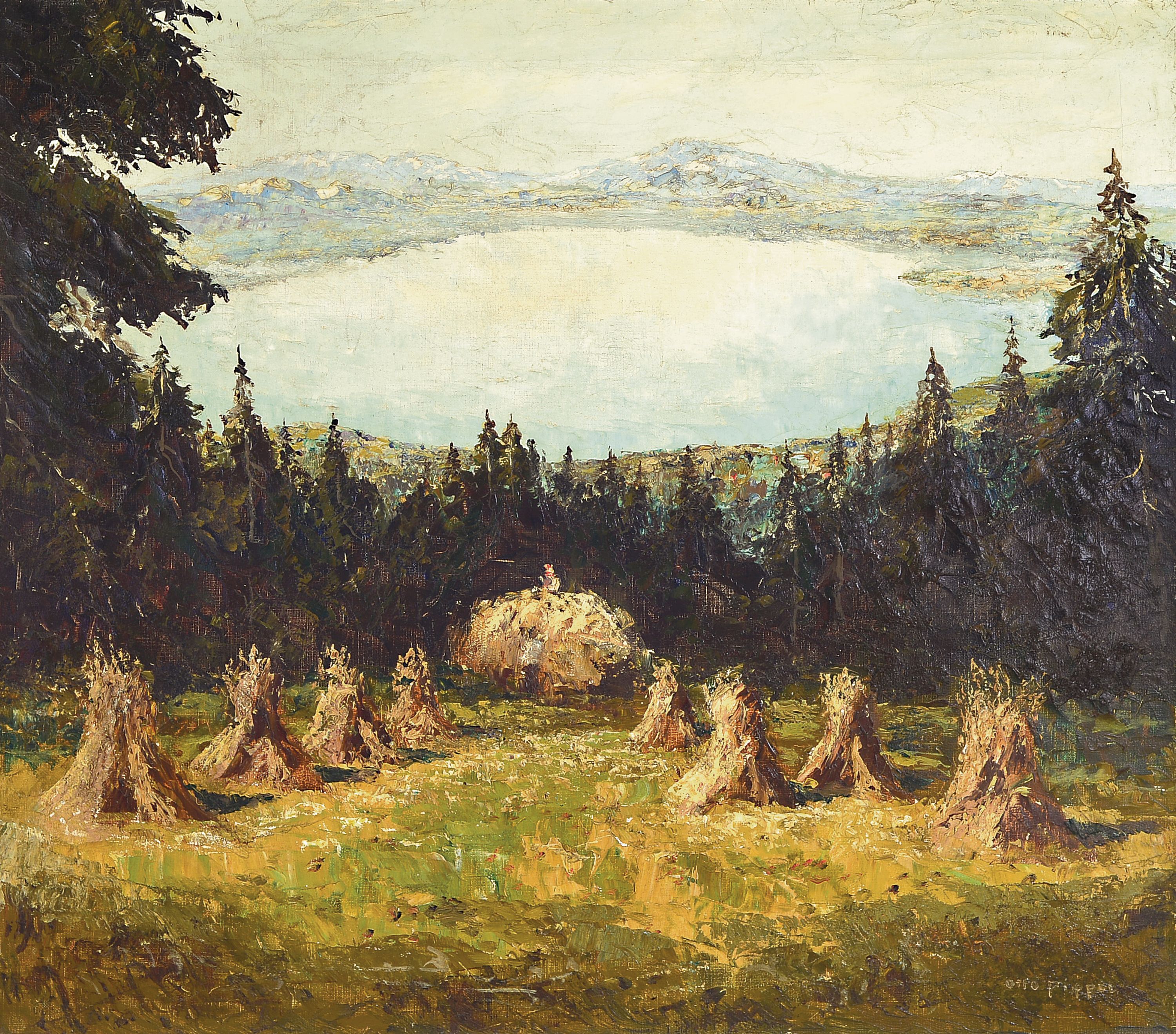 Image 27139726 - Otto Pippel, 1878 Lodz-1960 Planegg, Heuernte mit Blick auf den Tauchensee, rechts unten ...