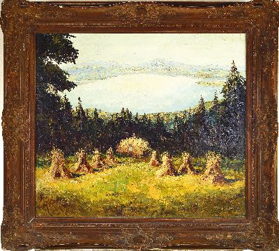 27139726k - Otto Pippel, 1878 Lodz-1960 Planegg, Heuernte mit Blick auf den Tauchensee, rechts unten ...