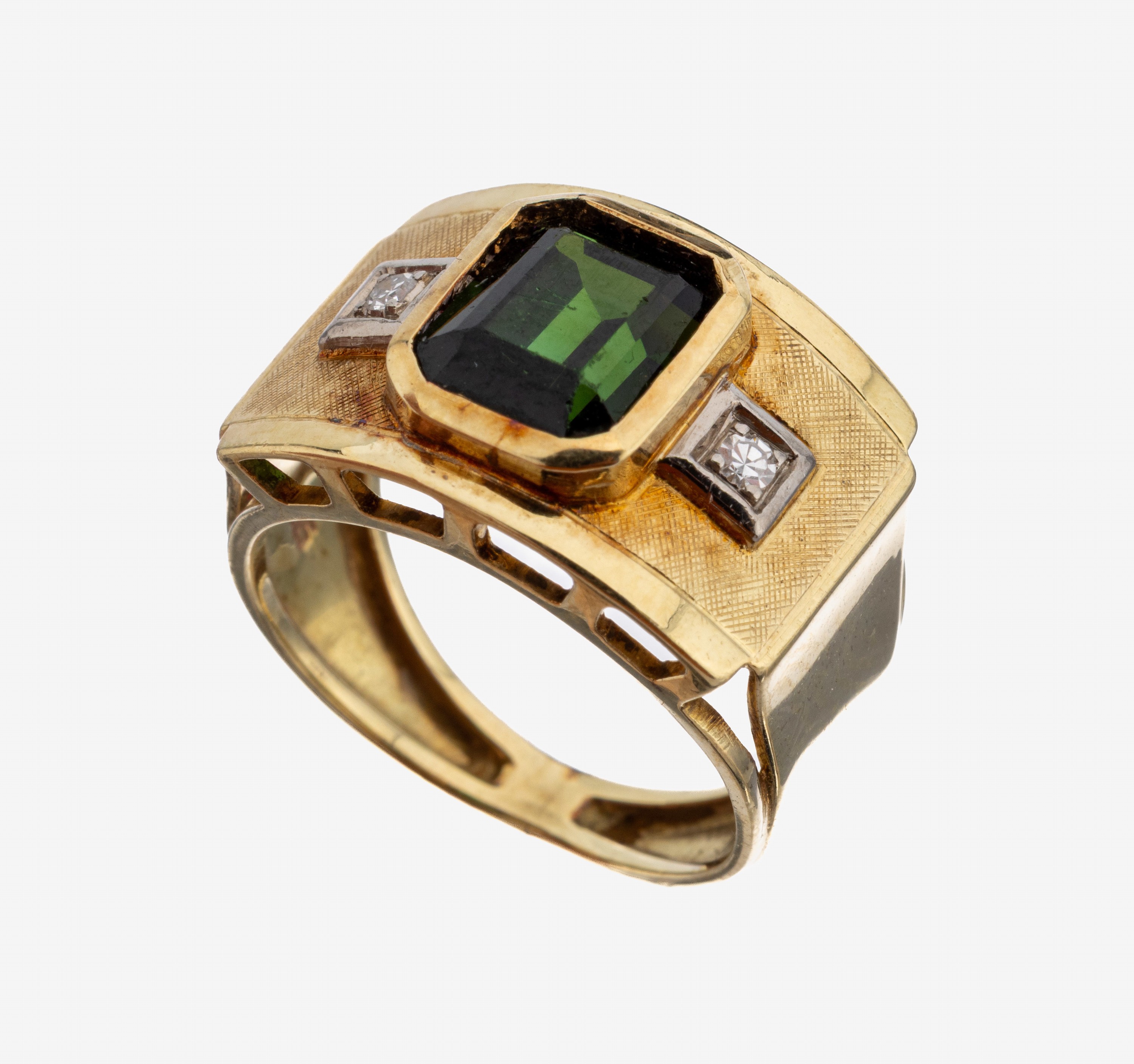 Image 27140619 - 14 kt Gold Turmalin-Diamant-Ring, 1950er Jahre, GG 585/00, part. sat., mittig Turmalin ...